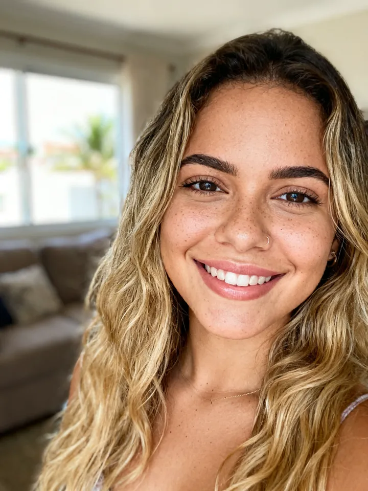 Retrato realista de Brenda, influencer de IA da plataforma — Loira, sorriso fácil — a vizinha que indica achadinho