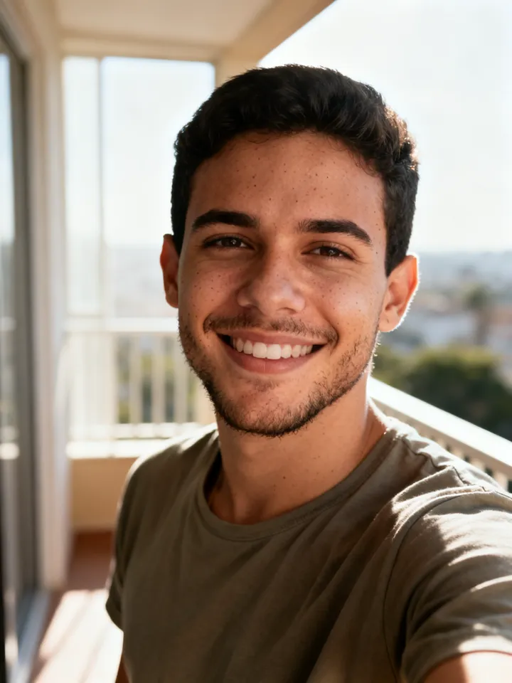 Retrato realista de Bruno, influencer de IA da plataforma — Barba rala, gente boa — o amigo que testou