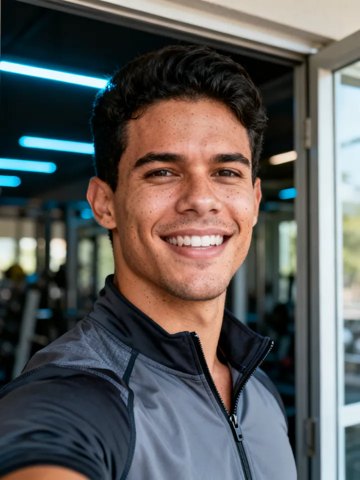 Retrato realista de Diego, influencer de IA da plataforma — Atlético, animado — pegada fitness/tech