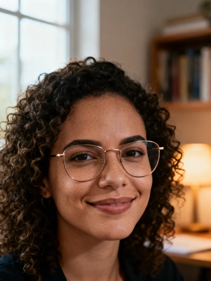 Retrato realista de Larissa, influencer de IA da plataforma — Óculos e cachos — o review de quem entende