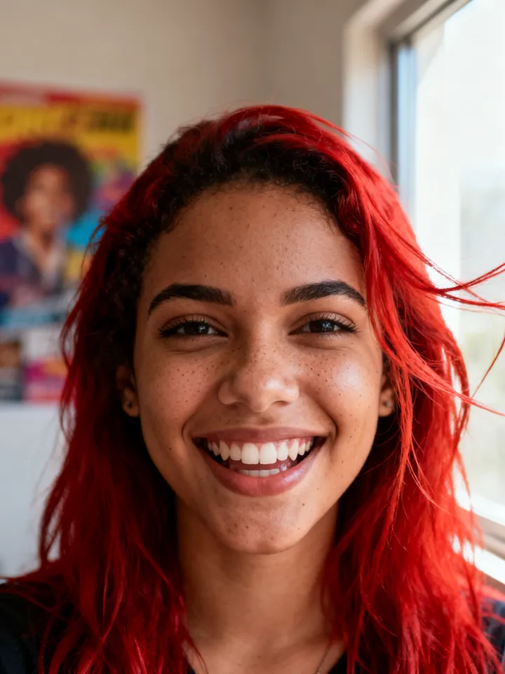 Retrato realista de Lívia, influencer de IA da plataforma — Ruiva, elétrica — hype sem forçar