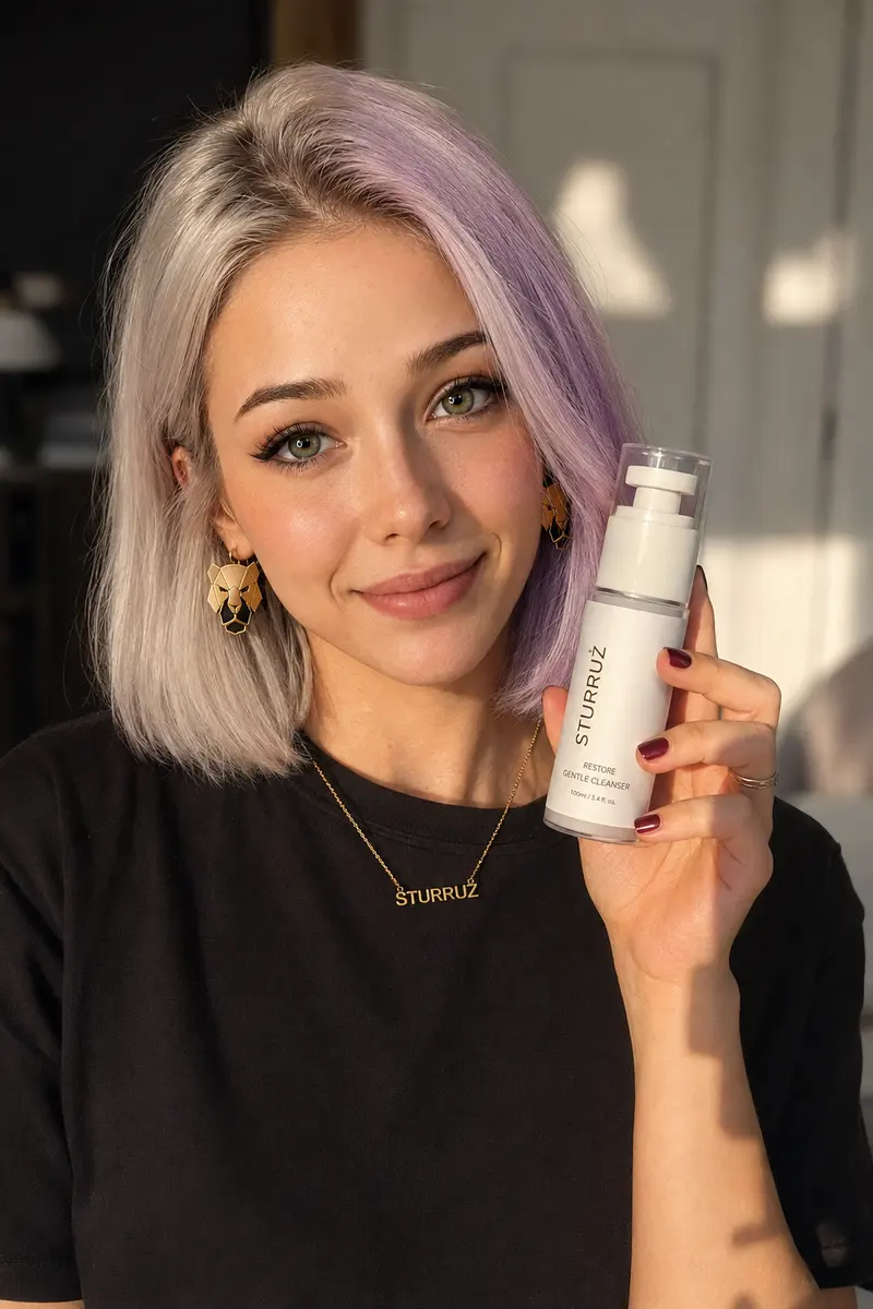 Sturrinha apresentando um frasco de skincare pra câmera